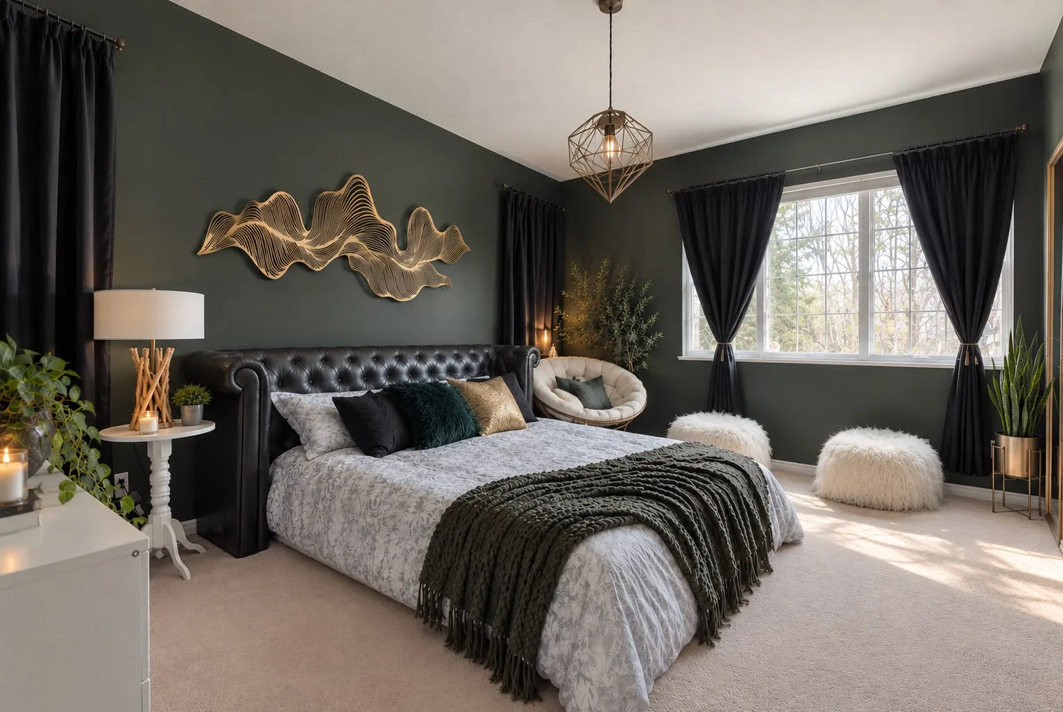 Styled bedroom with dark green walls and gold accents