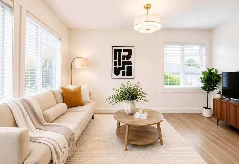 Bright Fraserview 2BR living room with a cream sofa and round wood coffee table